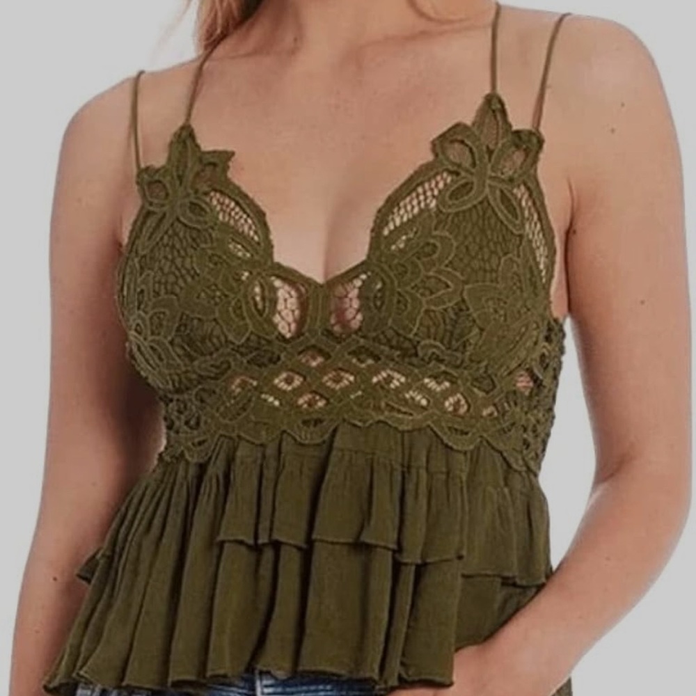Free People Intimately Adella Cami Lace And Ruffles Olive Sparrow Size -S